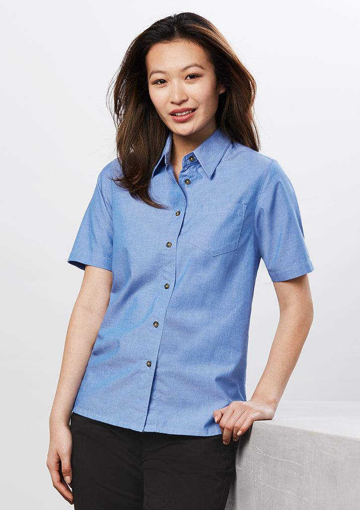 Womens Chambray Short Sleeve Shirt LB6200 8 / Chambray Blue