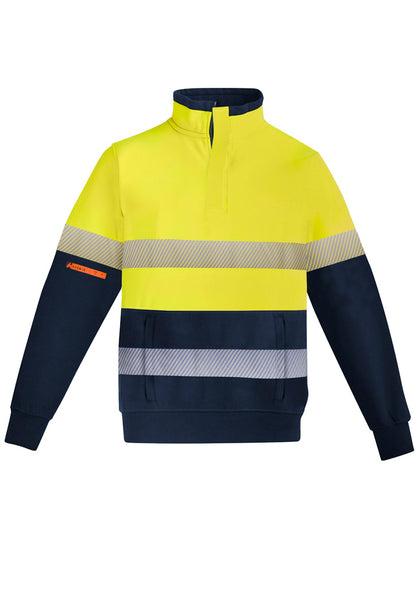 Mens Orange Flame Hi Vis 1/4 Zip Brushed Fleece Pullover - Hoop Taped XXS / Yellow/Navy